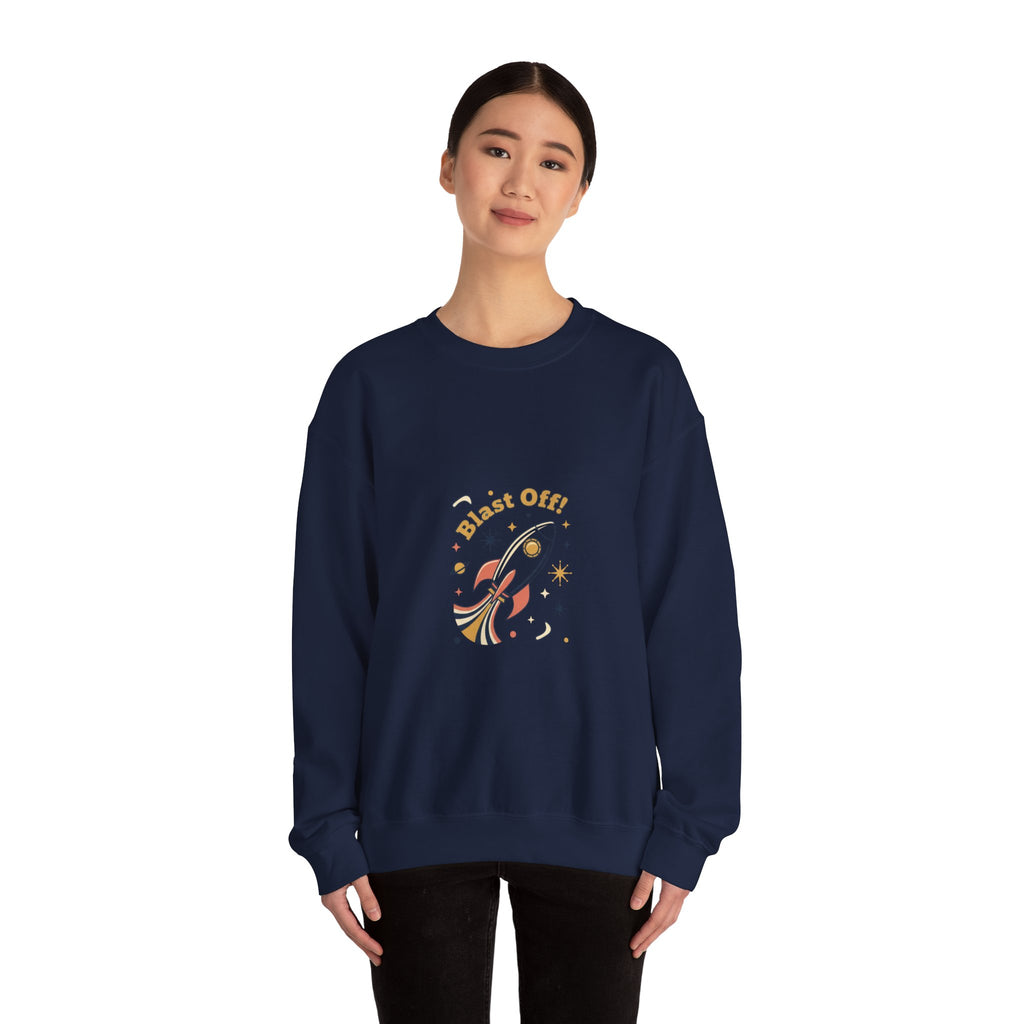 Retro Rocket 'Blast Off' Crewneck | mid-century space art, starburst pattern
