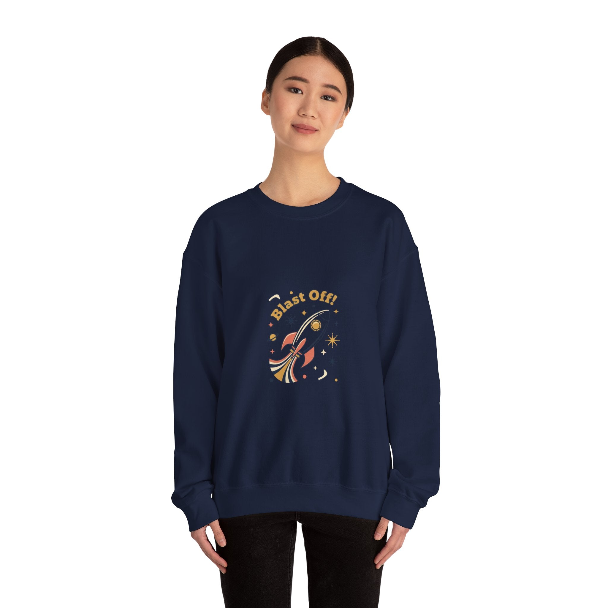 Retro Rocket 'Blast Off' Crewneck | mid-century space art, starburst pattern