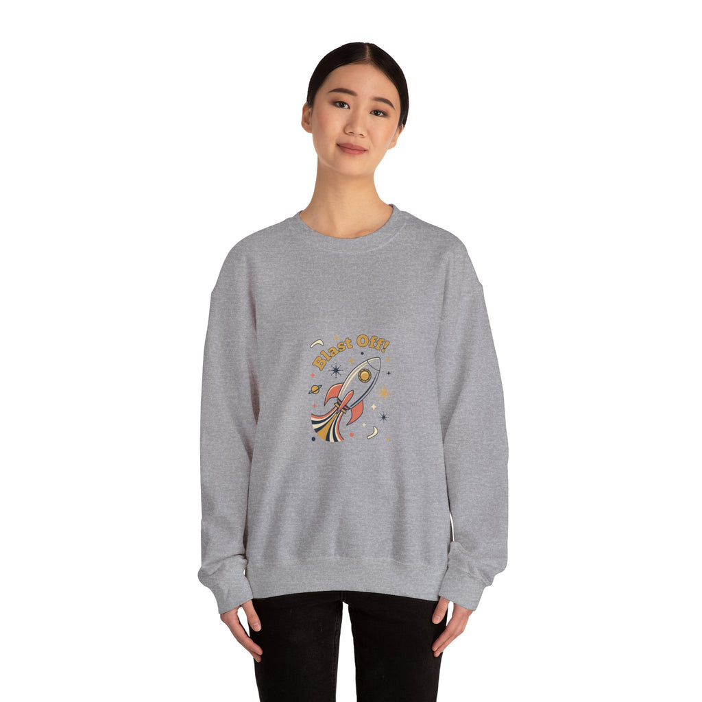 Retro Rocket 'Blast Off' Crewneck | mid-century space art, starburst pattern