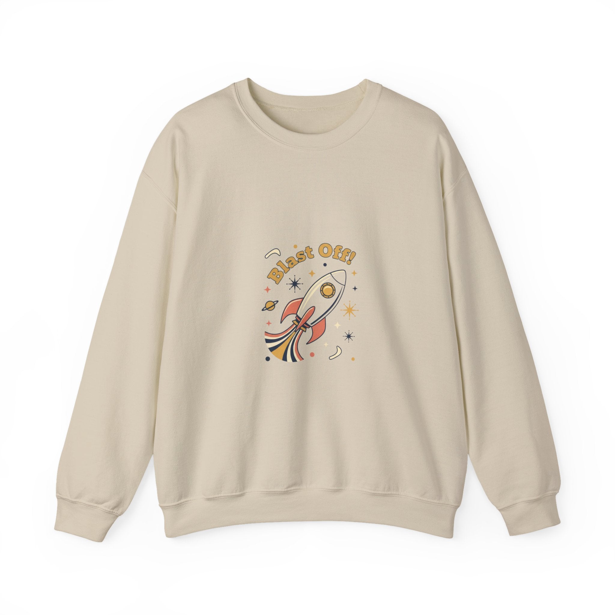 Retro Rocket 'Blast Off' Crewneck | mid-century space art, starburst pattern